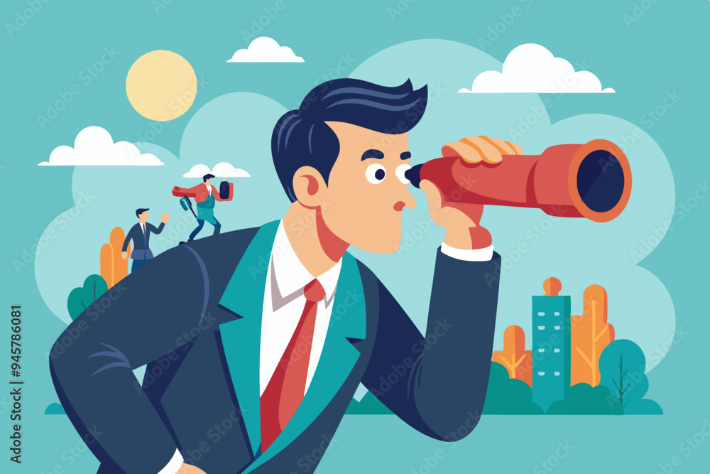 Observation, search for opportunity, curiosity or surveillance, inspect or discover new business, job search or hr finding candidate concept, curious businessman look through binoculars with big eyes. Observation, search for opportunity, curiosity or surveillance, inspect or discover new business, job search or hr finding candidate concept, curious businessman look through binoculars with big eyes.