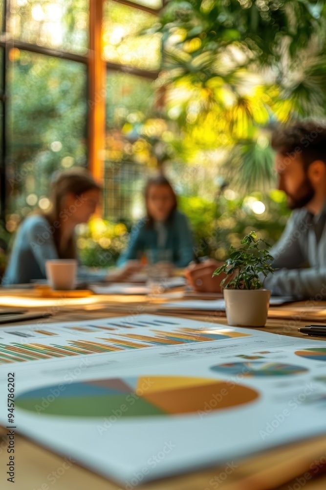 Business Meeting in Modern Office with Greenery and Natural Light Business Meeting in Modern Office with Greenery and Natural Light