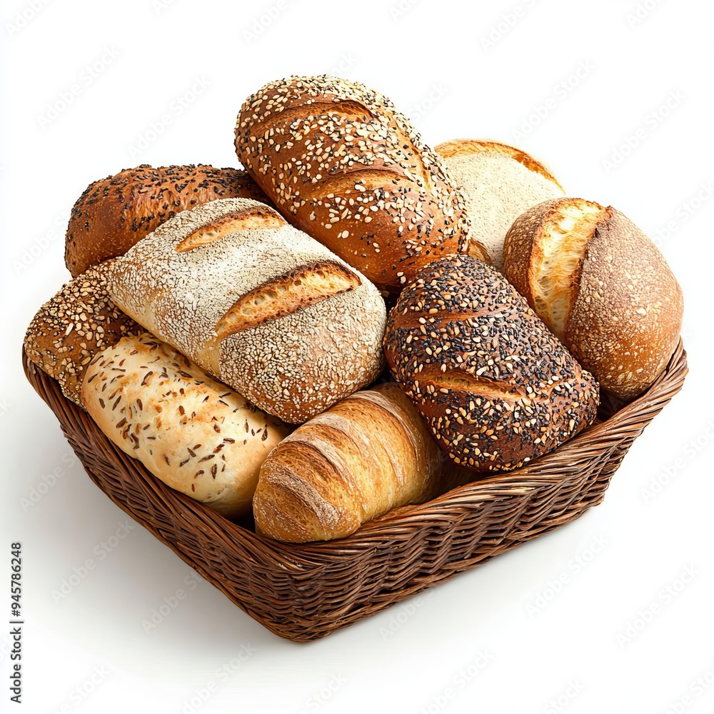 Rustic bread basket, assortment of loaves, soft shadows and highlights, isolated on white background Rustic bread basket, assortment of loaves, soft shadows and highlights, isolated on white background
