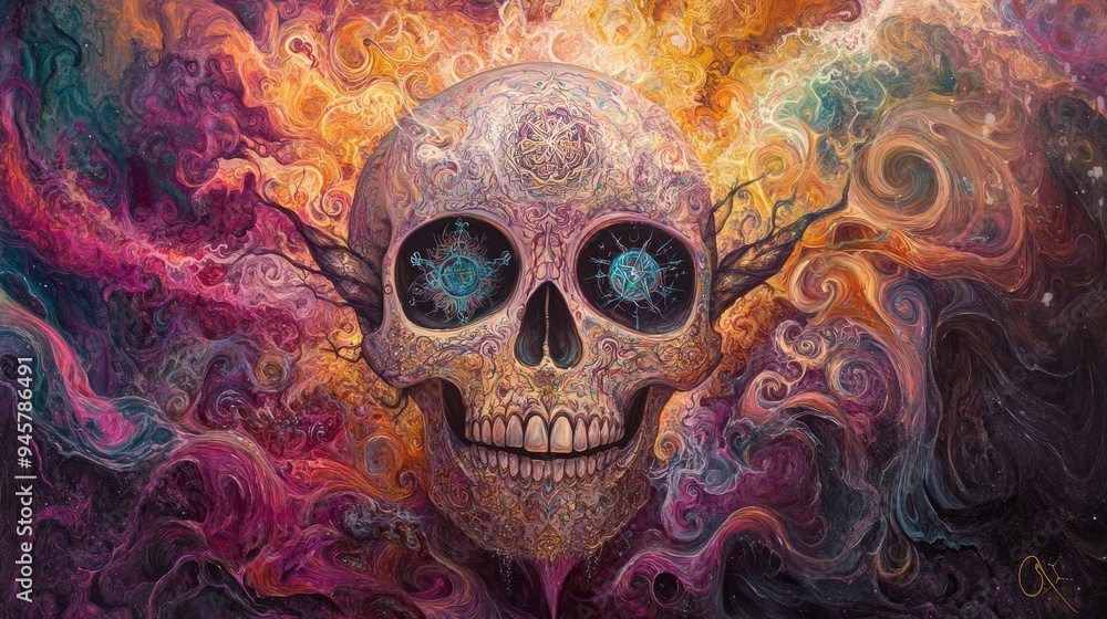 Ornate Skull with Blue Eyes in Cosmic Nebula Ornate Skull with Blue Eyes in Cosmic Nebula