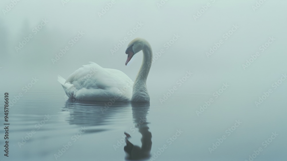 A graceful swan gliding across a misty lake, its reflection mirroring the serene and ethereal atmosphere. A graceful swan gliding across a misty lake, its reflection mirroring the serene and ethereal atmosphere.