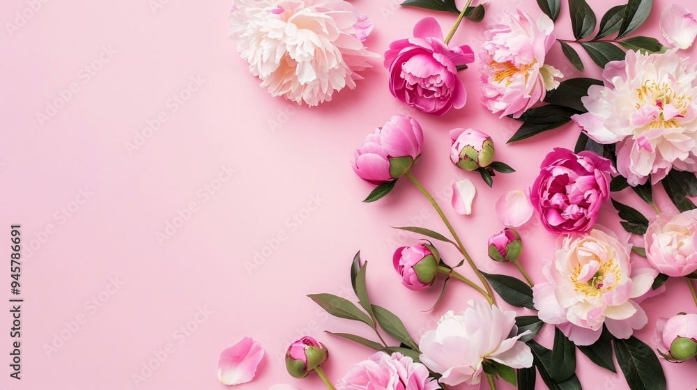 Beautiful peony flowers on pink background. Flat lay, top view with copy space. Beautiful peony flowers on pink background. Flat lay, top view with copy space.
