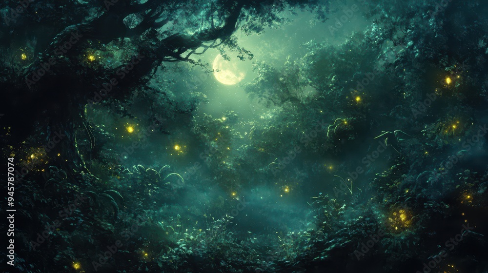 Enchanting Moonlit Forest with Fireflies - Magical Nighttime Nature Scene. Enchanting Moonlit Forest with Fireflies - Magical Nighttime Nature Scene.