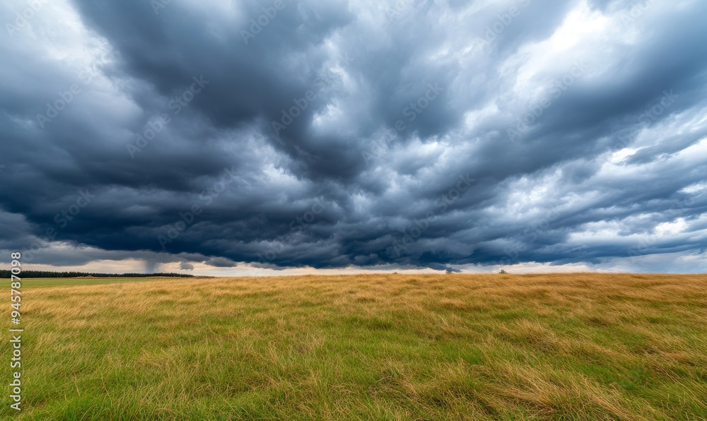 dramatic storm clouds gathering over a lush green meadow with golden grass in rural landscape dramatic storm clouds gathering over a lush green meadow with golden grass in rural landscape