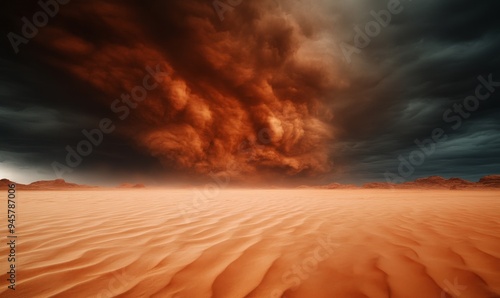 dramatic desert landscape with red sand dunes and a swirling dust devil under a dramatic cloudy sky.