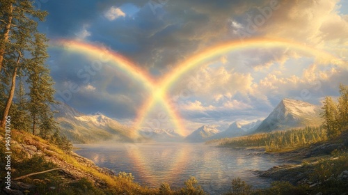 Landscape. Double rainbow over the river