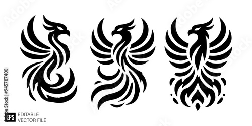 set of phoenix tribal tattoo graphic design vector clip art black and white silhouette templates