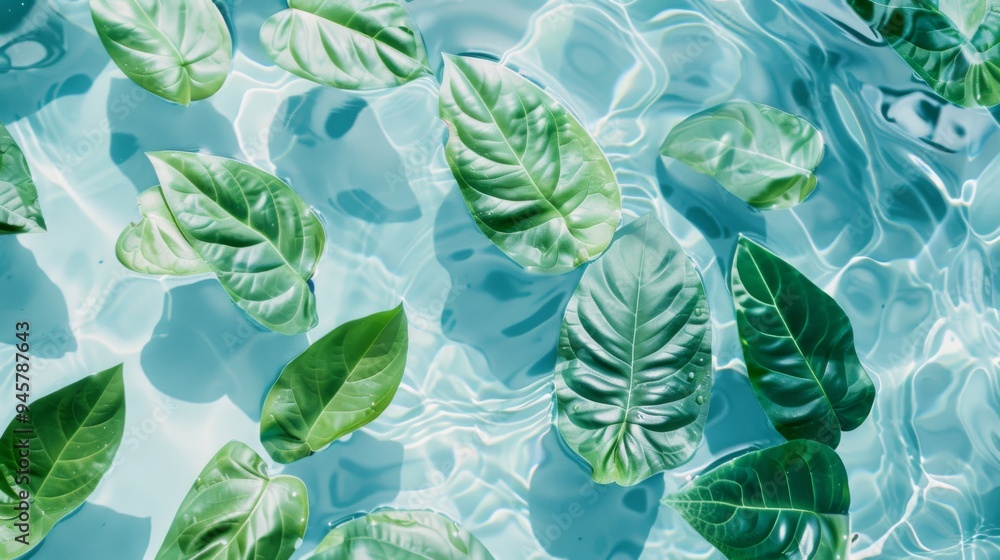 Fototapeta premium Fresh, green leaves float serenely on crystal-clear water, creating a soothing and tranquil aquatic scene.