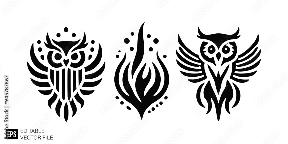 set of owl tribal tattoo graphic design vector clip art black and white silhouette templates set of owl tribal tattoo graphic design vector clip art black and white silhouette templates