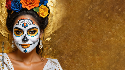 oil painting illustration of  Close-up portrait woman with skull face make up. Dia de Muertos photo