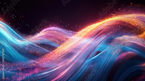 Abstract Neon Waves with Sparkling Glitters - Vibrant Digital Art Background.