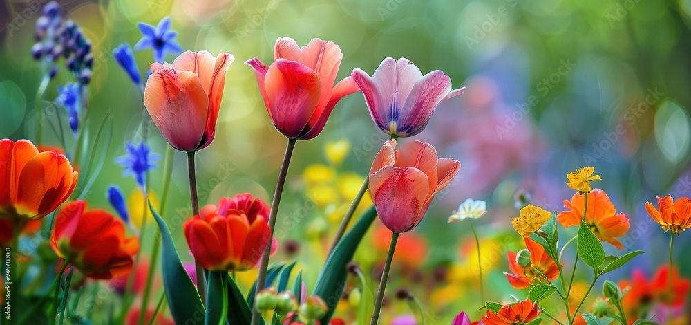 Colorful Tulip Flowers in a Lush Meadow Colorful Tulip Flowers in a Lush Meadow