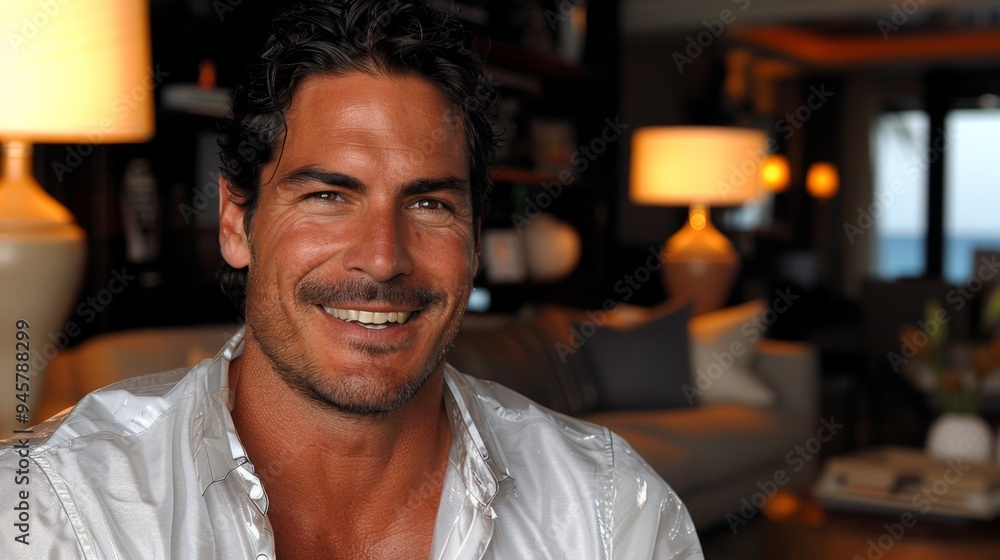 A man with curly hair smiling warmly in an elegant living room, with ambient lighting and comfortable furnishings creating a cozy atmosphere. A man with curly hair smiling warmly in an elegant living room, with ambient lighting and comfortable furnishings creating a cozy atmosphere.