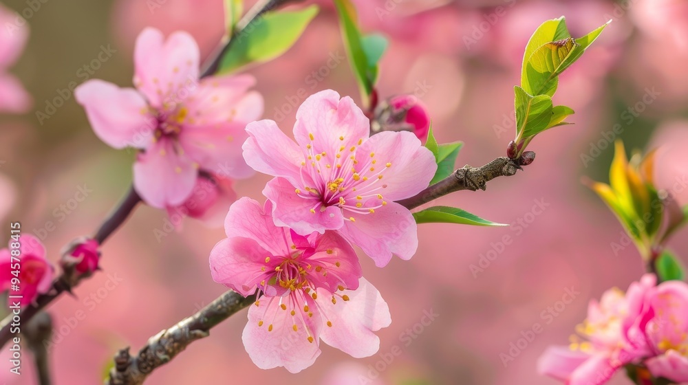 Obraz premium A close-up shot of delicate peach blossoms in full bloom, signifying new beginnings, springtime beauty, and the promise of a fruitful season. The soft pink petals and vibrant green leaves create a har