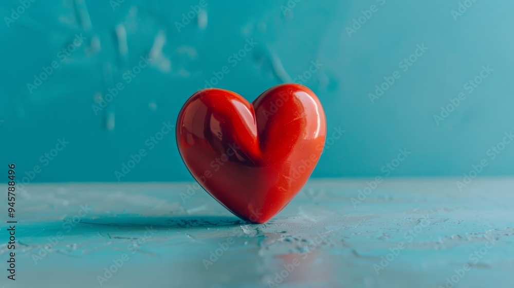Fototapeta premium A glossy red heart stands out against a vivid teal background, symbolizing love and passion.