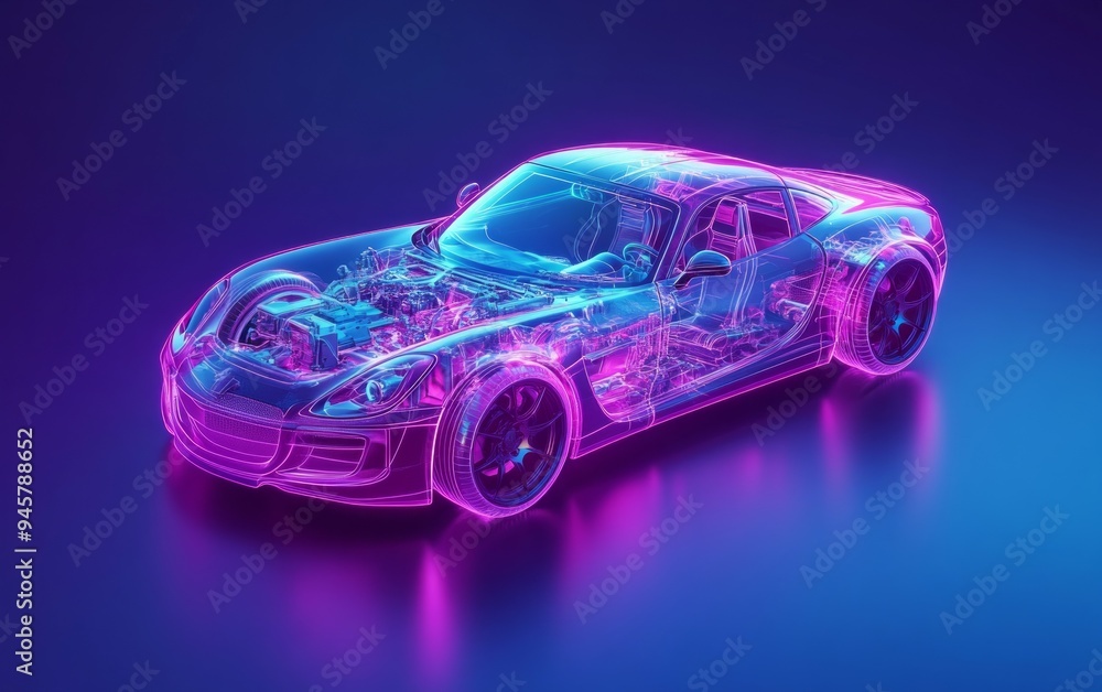 A car with transparent bodywork and an internal structure. Transparent technological car frame consisting of blue, purple and pink rays, technologies of the future A car with transparent bodywork and an internal structure. Transparent technological car frame consisting of blue, purple and pink rays, technologies of the future