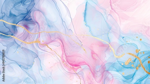 Marble abstract acrylic background. Blue, pink and gold liquid texture.