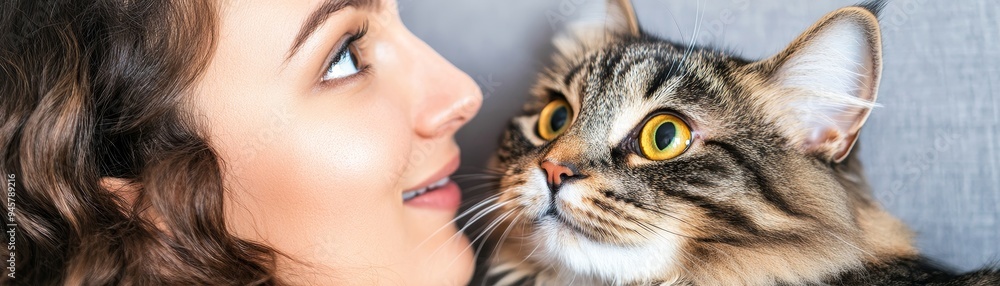 close-up portrait of a woman and a cat, looking at each other with affection, in a cozy home setting. close-up portrait of a woman and a cat, looking at each other with affection, in a cozy home setting.