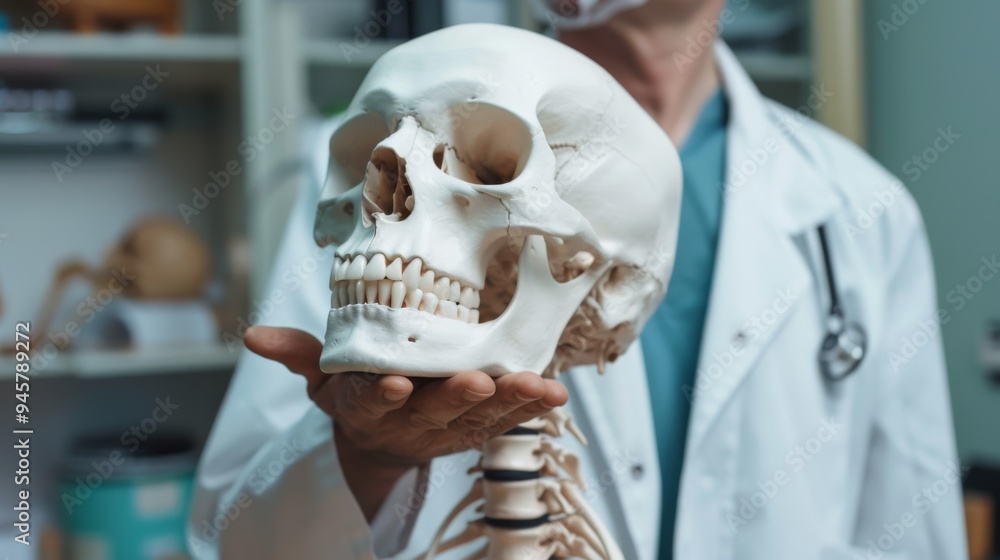 A doctor holding a human skull model in a medical office, illustrating anatomical study against a backdrop of shelves with scientific tools. A doctor holding a human skull model in a medical office, illustrating anatomical study against a backdrop of shelves with scientific tools.