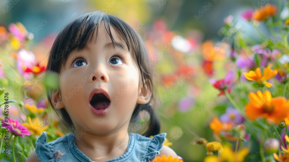 A young girl looks up in amazement amidst colorful flowers on a bright spring day. Generative AI A young girl looks up in amazement amidst colorful flowers on a bright spring day. Generative AI