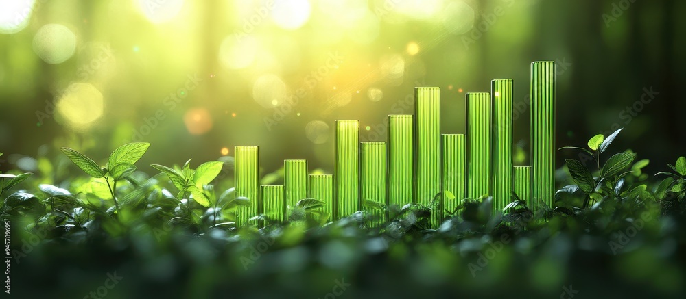 Sustainable Growth Concept with Green Bar Graph in a Lush Forest Environment Sustainable Growth Concept with Green Bar Graph in a Lush Forest Environment