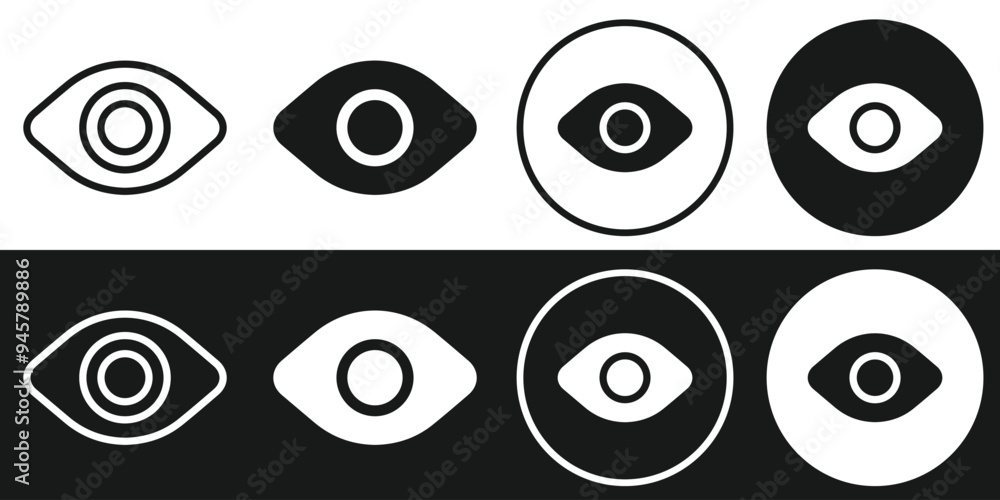 Monochrome Eye Icons Set, Light and Dark Themes for Social Media, Apps, and Websites Monochrome Eye Icons Set, Light and Dark Themes for Social Media, Apps, and Websites