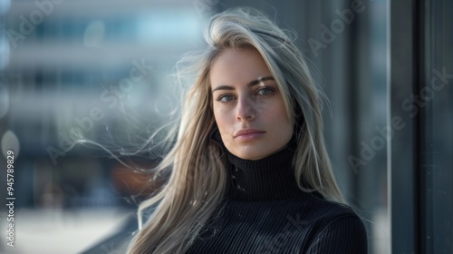 An elegant woman with long blonde hair poses next to a reflective glass wall, capturing a moment of poise and sophistication under the natural light in an urban setting. photo