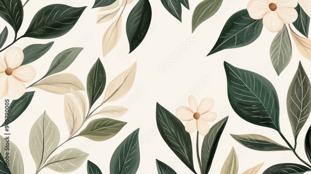 custom made wallpaper toronto digitalA hand-drawn botanical illustration with detailed leaves and flowers, set against a neutral background