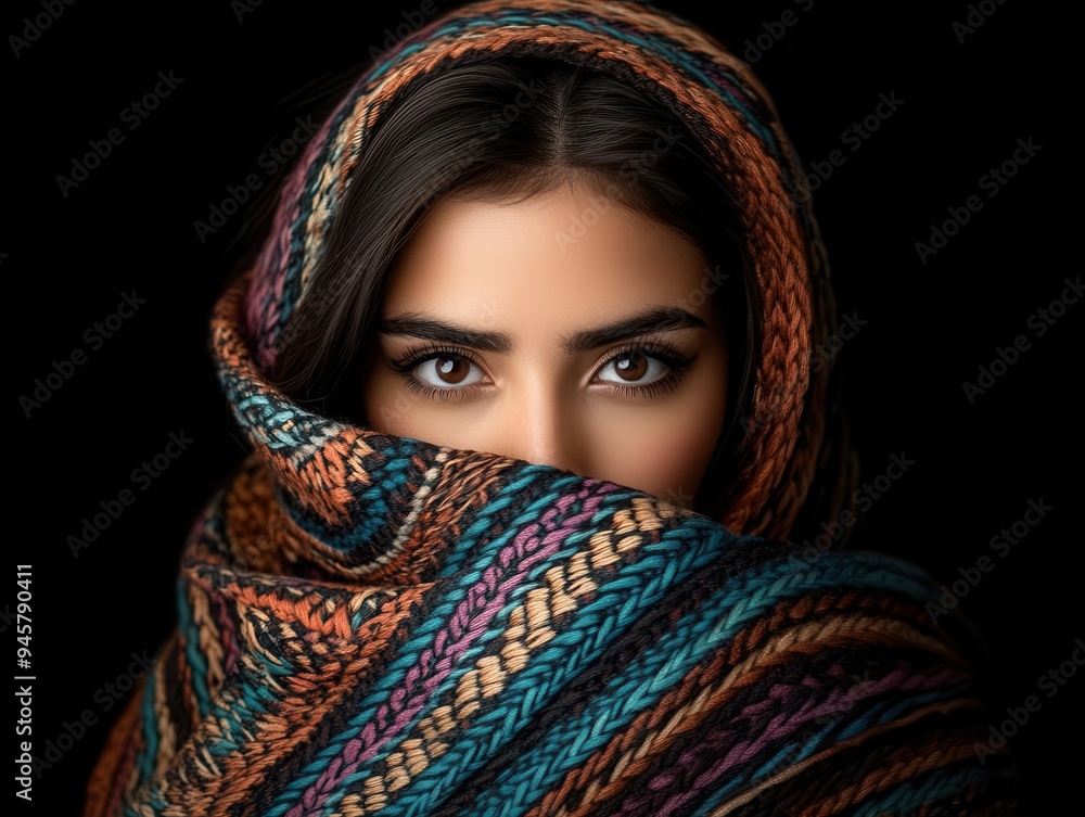 Close-up portrait of a woman wrapped in a colorful knitted scarf, showcasing expressive eyes and rich textile patterns. Close-up portrait of a woman wrapped in a colorful knitted scarf, showcasing expressive eyes and rich textile patterns.