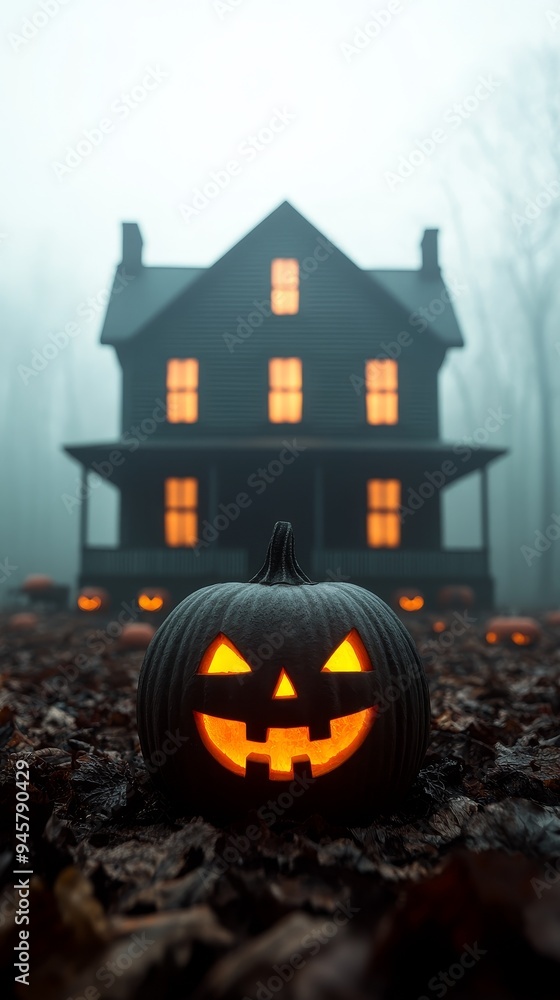spooky halloween pumpkin with haunted house in foggy forest. spooky halloween pumpkin with haunted house in foggy forest.