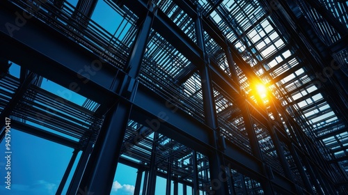 Intricate steel structure illuminated by sunlight, showcasing modern architecture and industrial design against a blue sky.