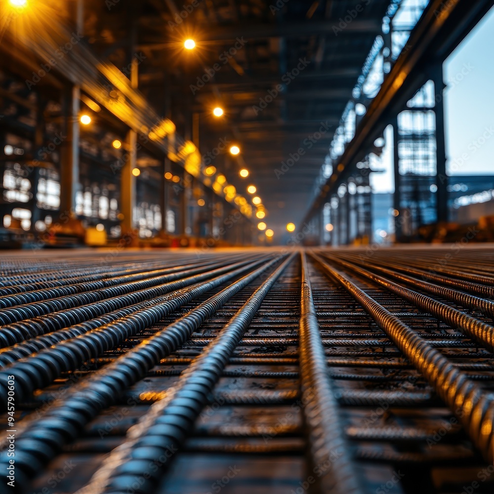 Steel rods arranged in a factory setting, illuminated by warm lights, showcasing industrial architecture and construction materials. Steel rods arranged in a factory setting, illuminated by warm lights, showcasing industrial architecture and construction materials.