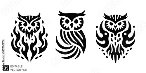 set of owl tribal tattoo graphic design vector clip art black and white silhouette templates
