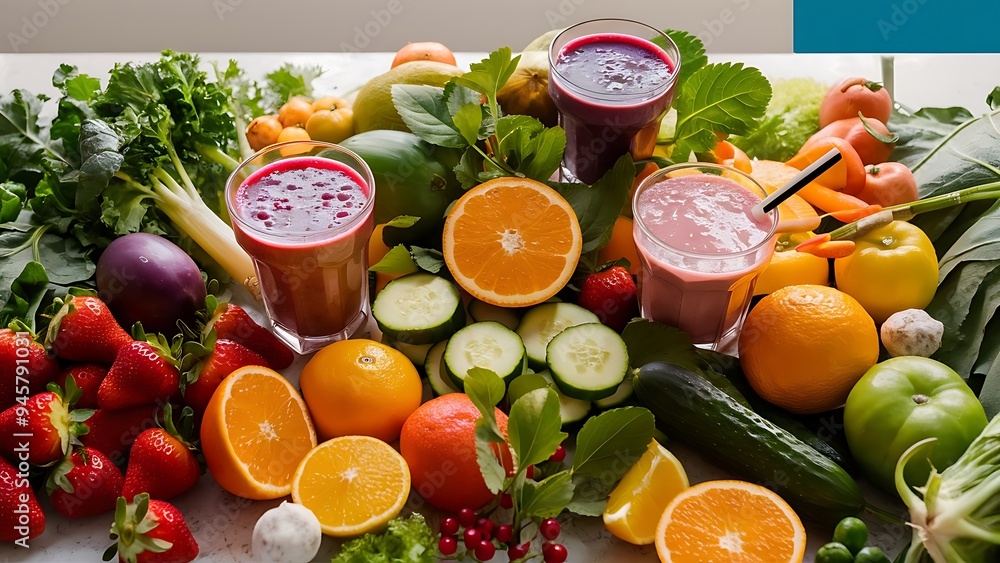 Close-up view of fresh fruits and vegetables and various smoothies in glasses on table Close-up view of fresh fruits and vegetables and various smoothies in glasses on table