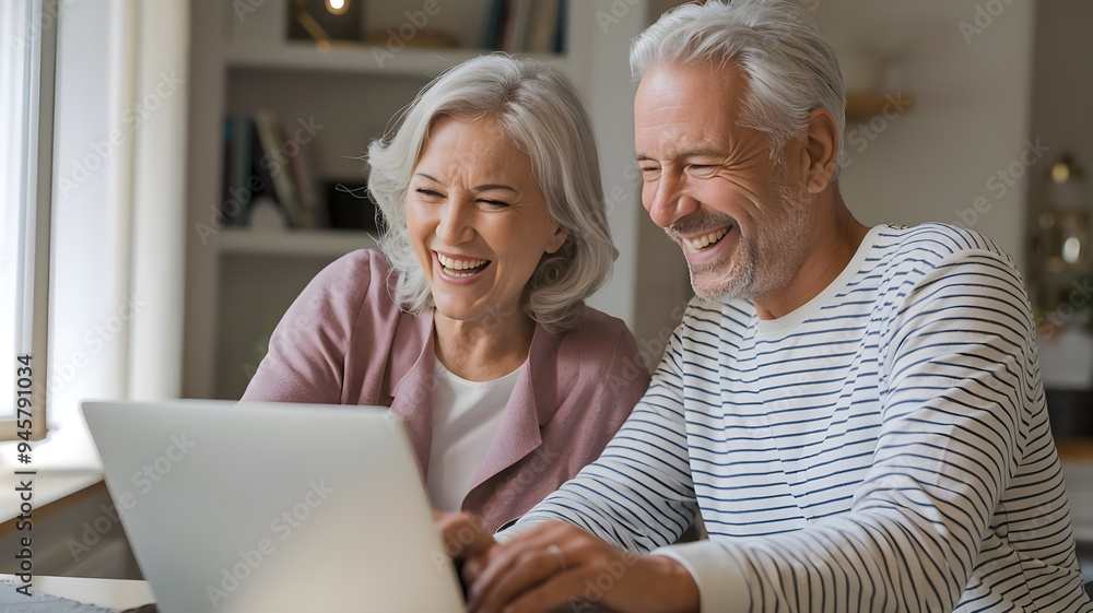 Happy mature older family couple laughing, bonding sitting at home table with laptop. paying bills online. Happy mature older family couple laughing, bonding sitting at home table with laptop. paying bills online.