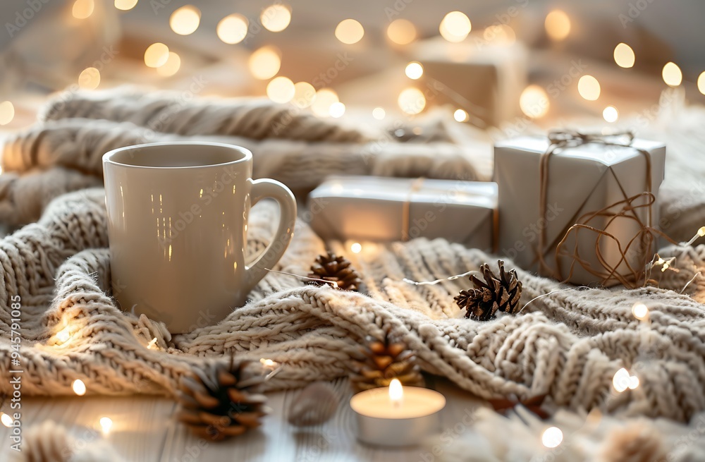 A mug placed next to an oversized blanket and surrounded by fairy lights and pine cones A mug placed next to an oversized blanket and surrounded by fairy lights and pine cones