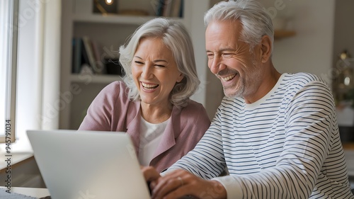 Happy mature older family couple laughing, bonding sitting at home table with laptop. paying bills online.