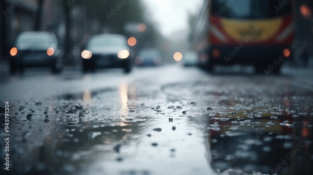 Raindrops Falling on Puddles on Road with Blur Raindrops Falling on Puddles on Road with Blur