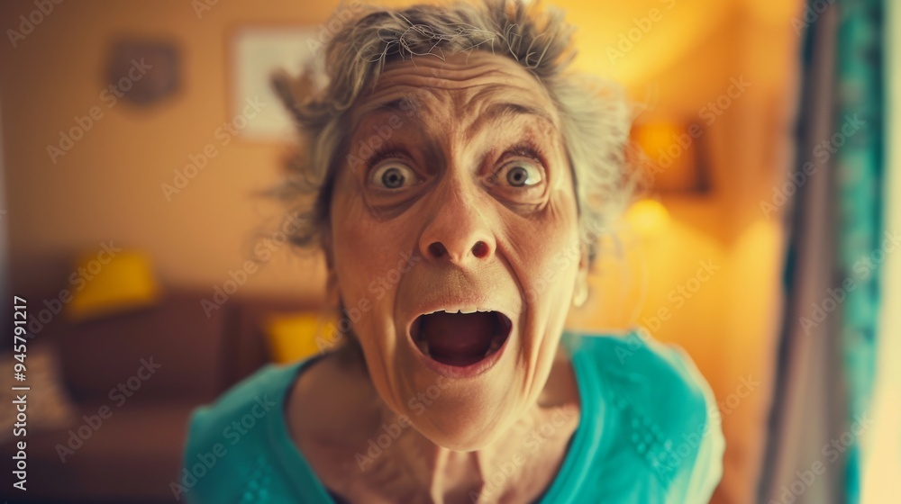Elderly woman caught in a moment of surprise or excitement, her eyes wide open and mouth agape, with a cozy living room setting in the background. Elderly woman caught in a moment of surprise or excitement, her eyes wide open and mouth agape, with a cozy living room setting in the background.