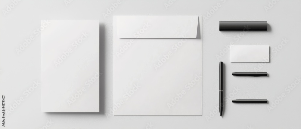 A minimalist stationery set mock-up including a letterhead, envelope, and pen, arranged neatly on a clean surface A minimalist stationery set mock-up including a letterhead, envelope, and pen, arranged neatly on a clean surface
