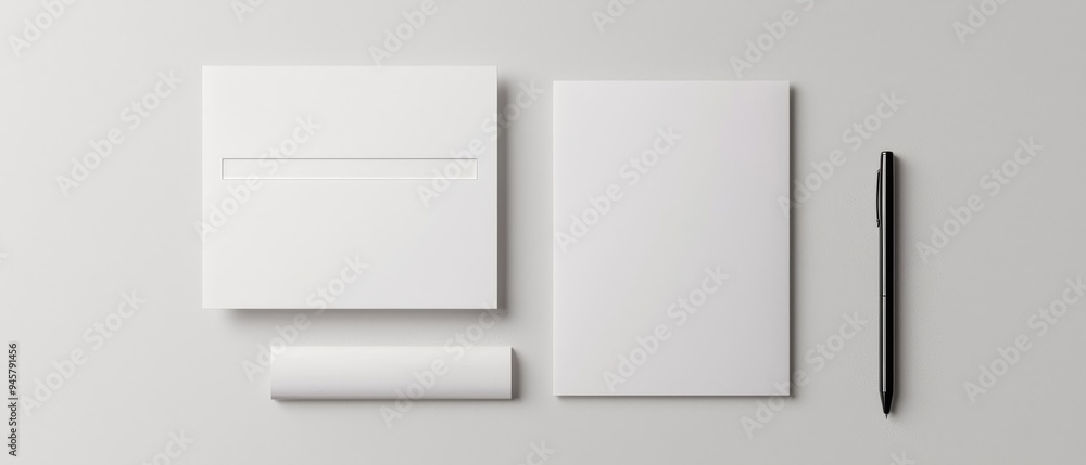 A minimalist stationery set mock-up including a letterhead, envelope, and pen, arranged neatly on a clean surface A minimalist stationery set mock-up including a letterhead, envelope, and pen, arranged neatly on a clean surface