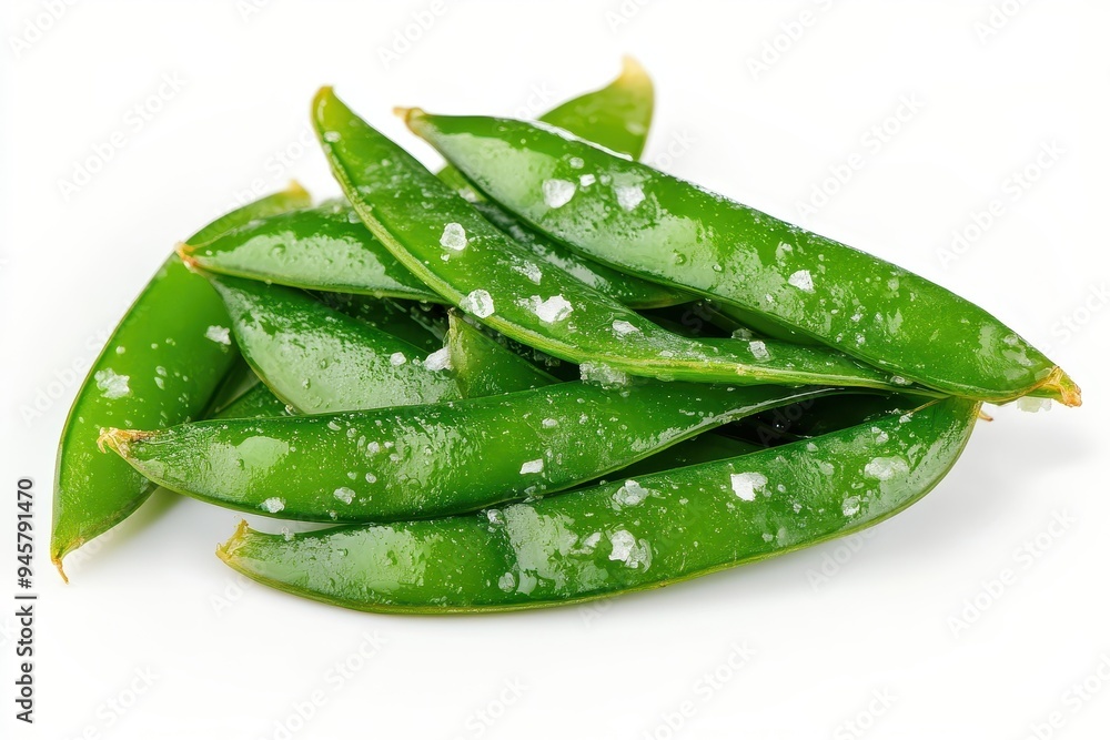 Fresh green snap peas sprinkled with salt, ready for consumption or culinary use. Fresh green snap peas sprinkled with salt, ready for consumption or culinary use.