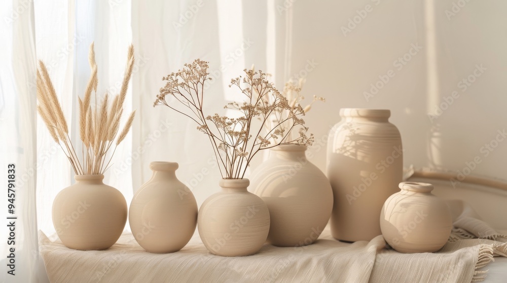 A collection of beige pottery vases with dried flowers against a soft, sunlit backdrop creates a serene, aesthetically pleasing composition. A collection of beige pottery vases with dried flowers against a soft, sunlit backdrop creates a serene, aesthetically pleasing composition.
