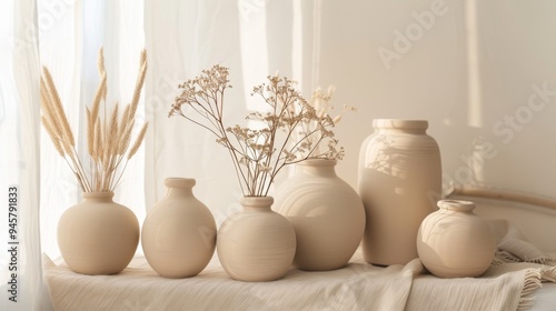 A collection of beige pottery vases with dried flowers against a soft, sunlit backdrop creates a serene, aesthetically pleasing composition. #945791833