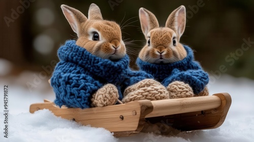 Adorable rabbits in cozy blue sweaters enjoying a winter sleigh ride on a snowy day, perfect for seasonal themes. photo