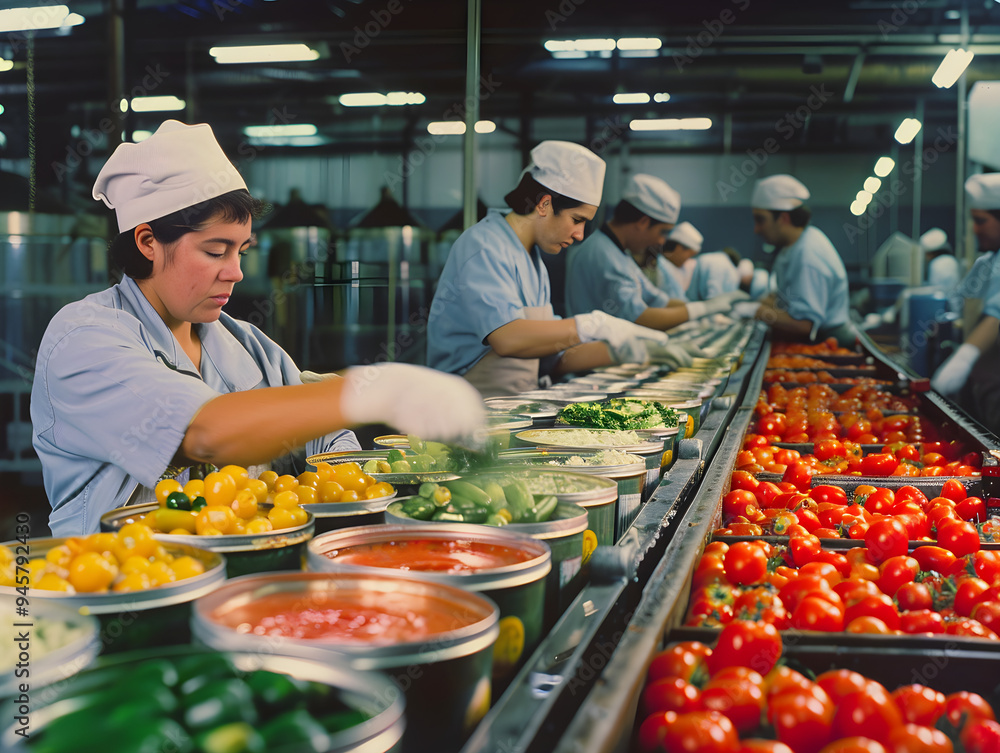 Workers in a vegetable processing plant carefully canning produce; organized rows of cans on shelves. Workers in a vegetable processing plant carefully canning produce; organized rows of cans on shelves.