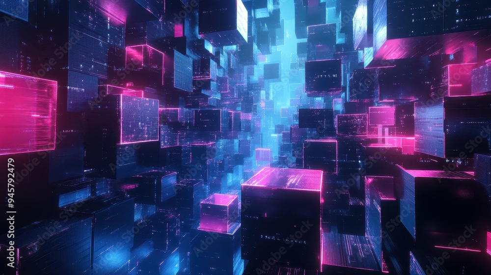 Abstract Neon Cubes with Glowing Lines in a Digital City. Abstract Neon Cubes with Glowing Lines in a Digital City.