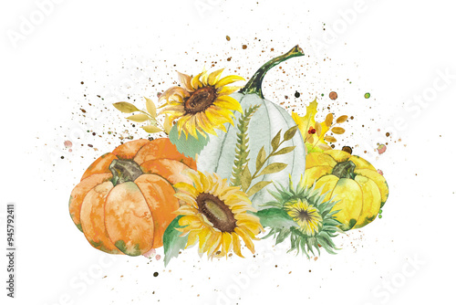 Watercolor illustration autumn composition with sunflowers, pumpkins, twigs and leaves. Hand-drawn watercolor for design photo