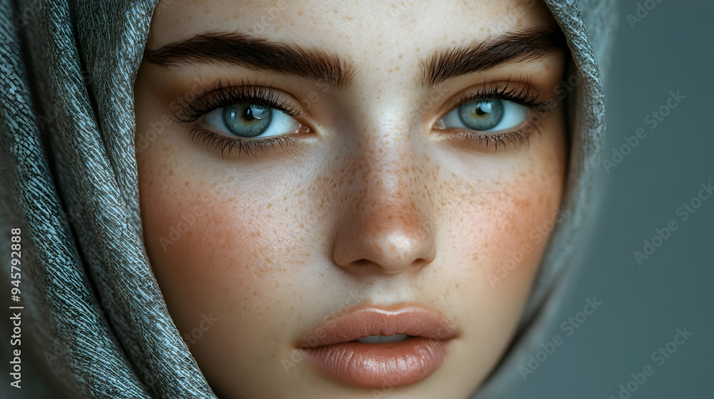 Close-up Portrait of a Woman with Freckles and Blue Eyes Close-up Portrait of a Woman with Freckles and Blue Eyes