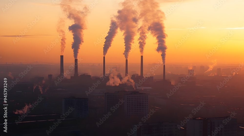 Obraz premium Aerial View of Industrial Smokestacks and Polluted Cityscape at Sunset Depicting Carbon Trading Sustainability Initiatives